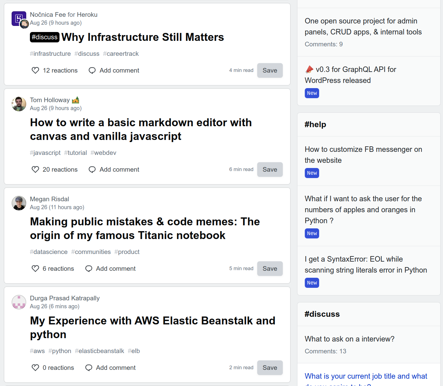 The dev.to home page