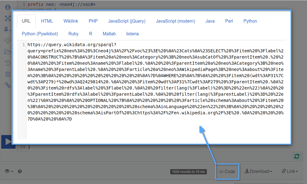 Getting an importable URI for a Wikidata SPARQL query