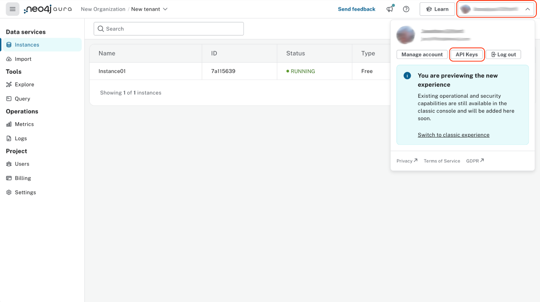 unified console account dropdown