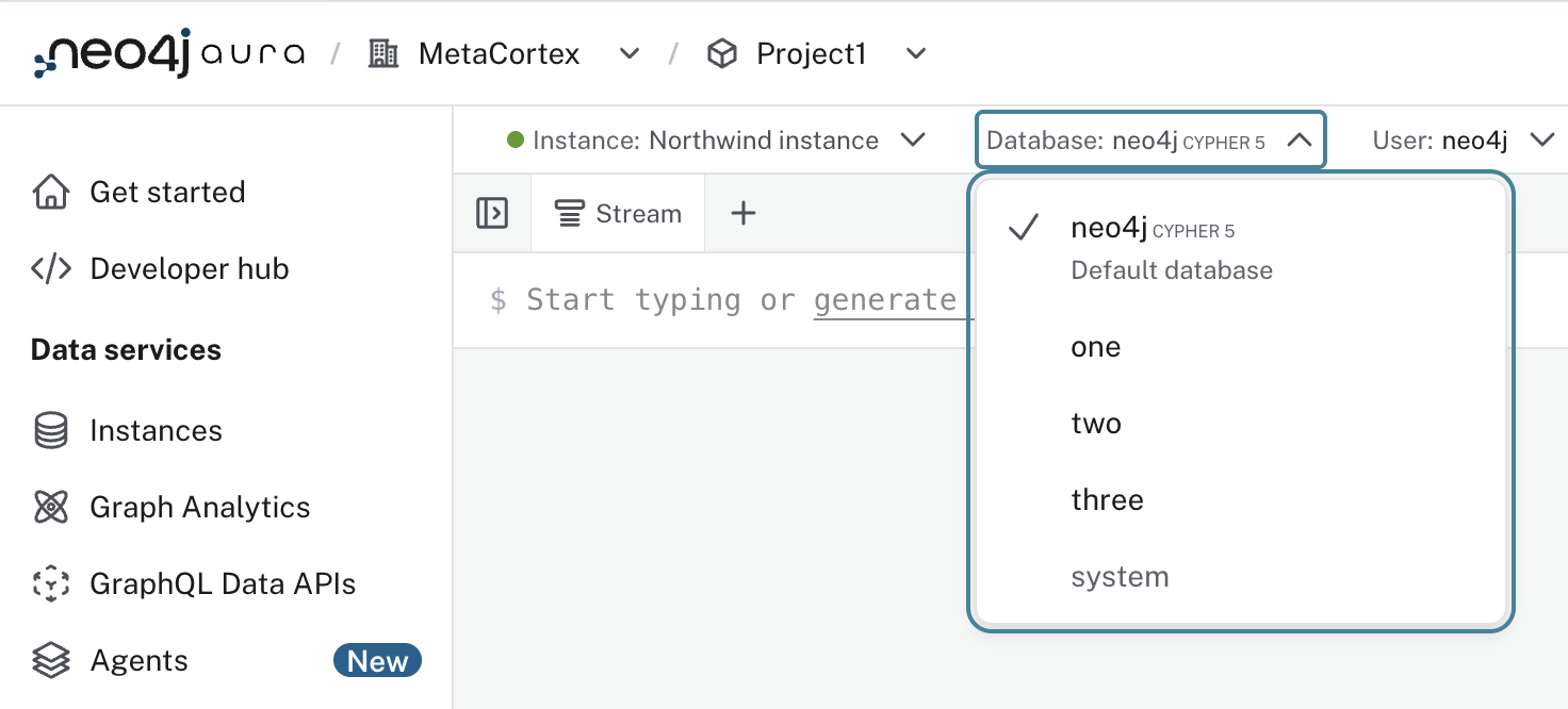 Database selector in a multiple database instance