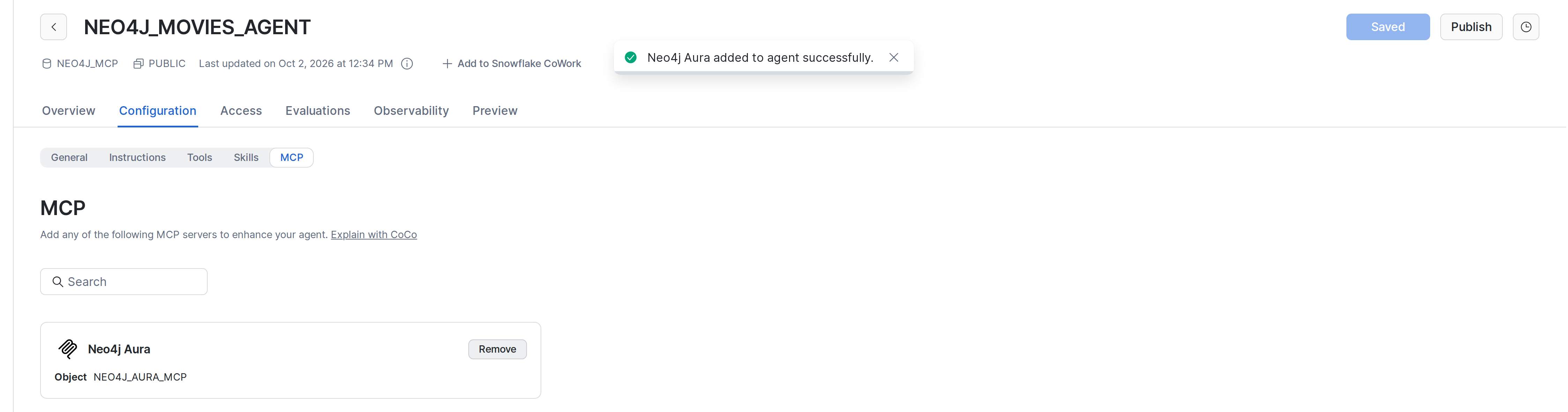 MCP tab of the agent configuration with the Neo4j Aura server added