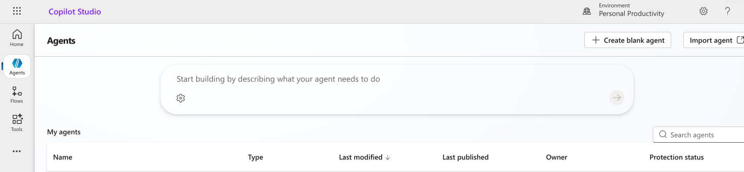 Copilot Studio Agents page with the Create blank agent button