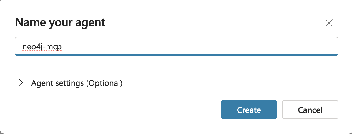 Name your agent modal with neo4j-mcp entered