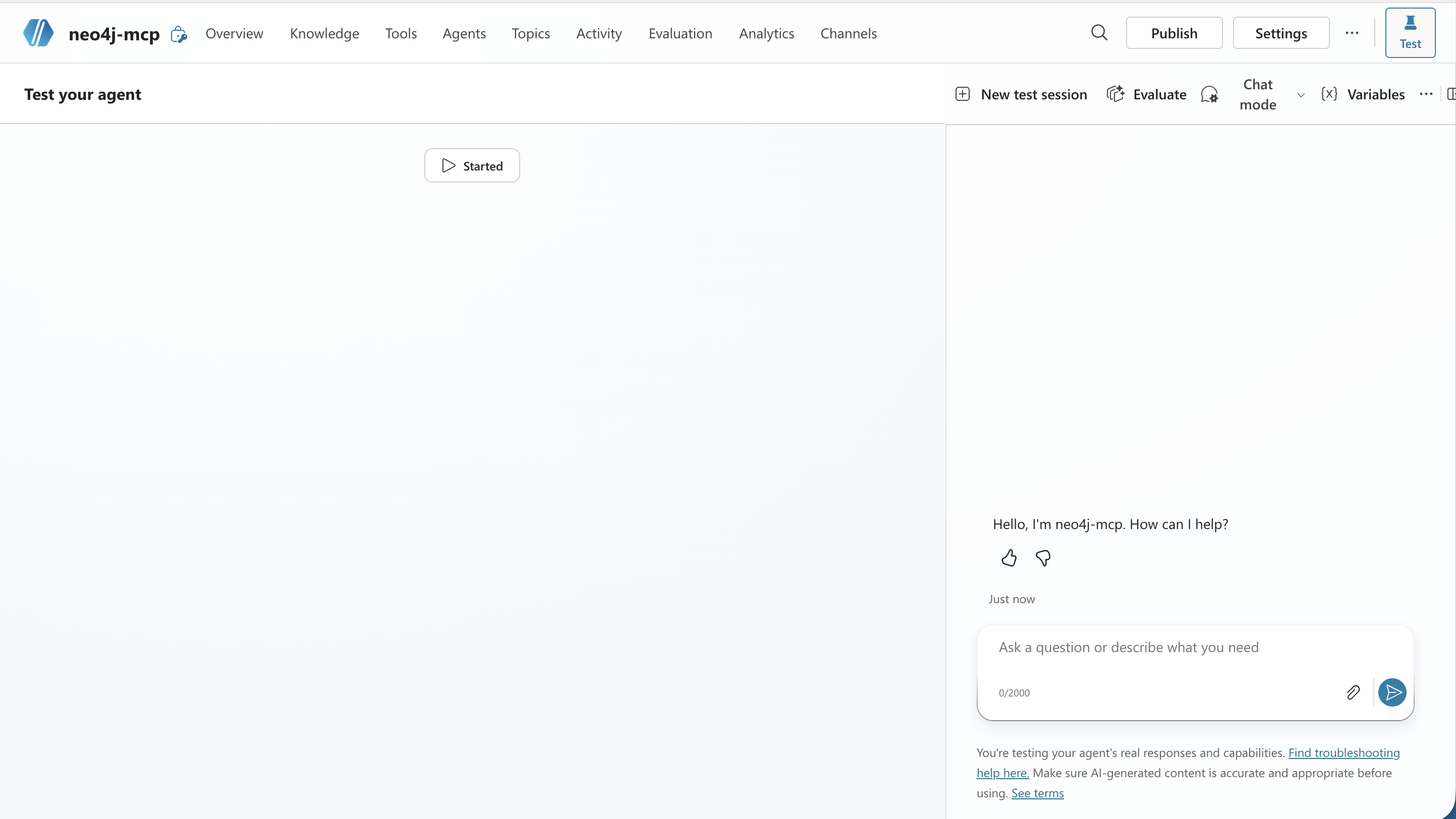 Newly created agent workspace with the test panel open