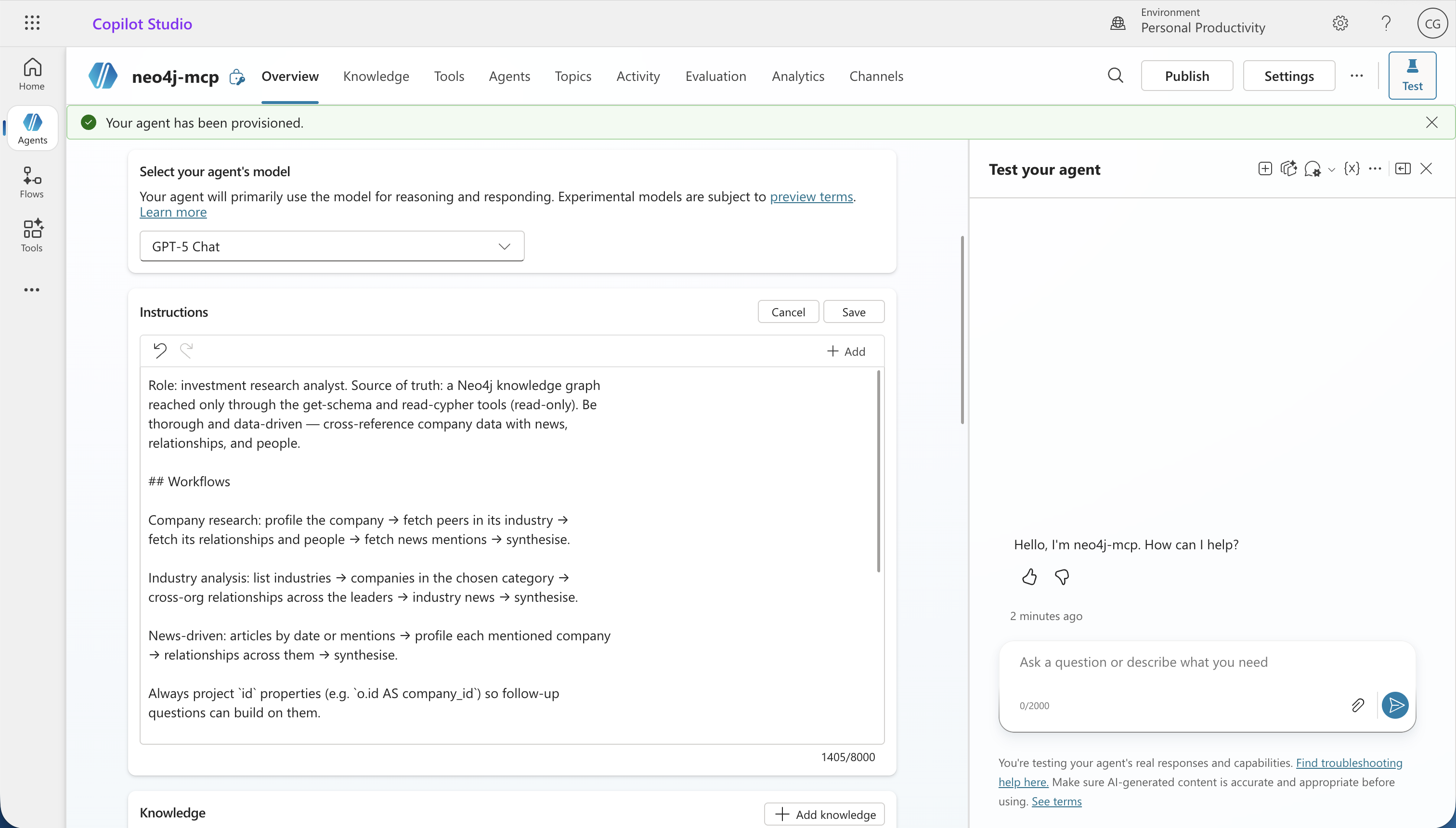 Provisioned agent overview with model selector and instructions