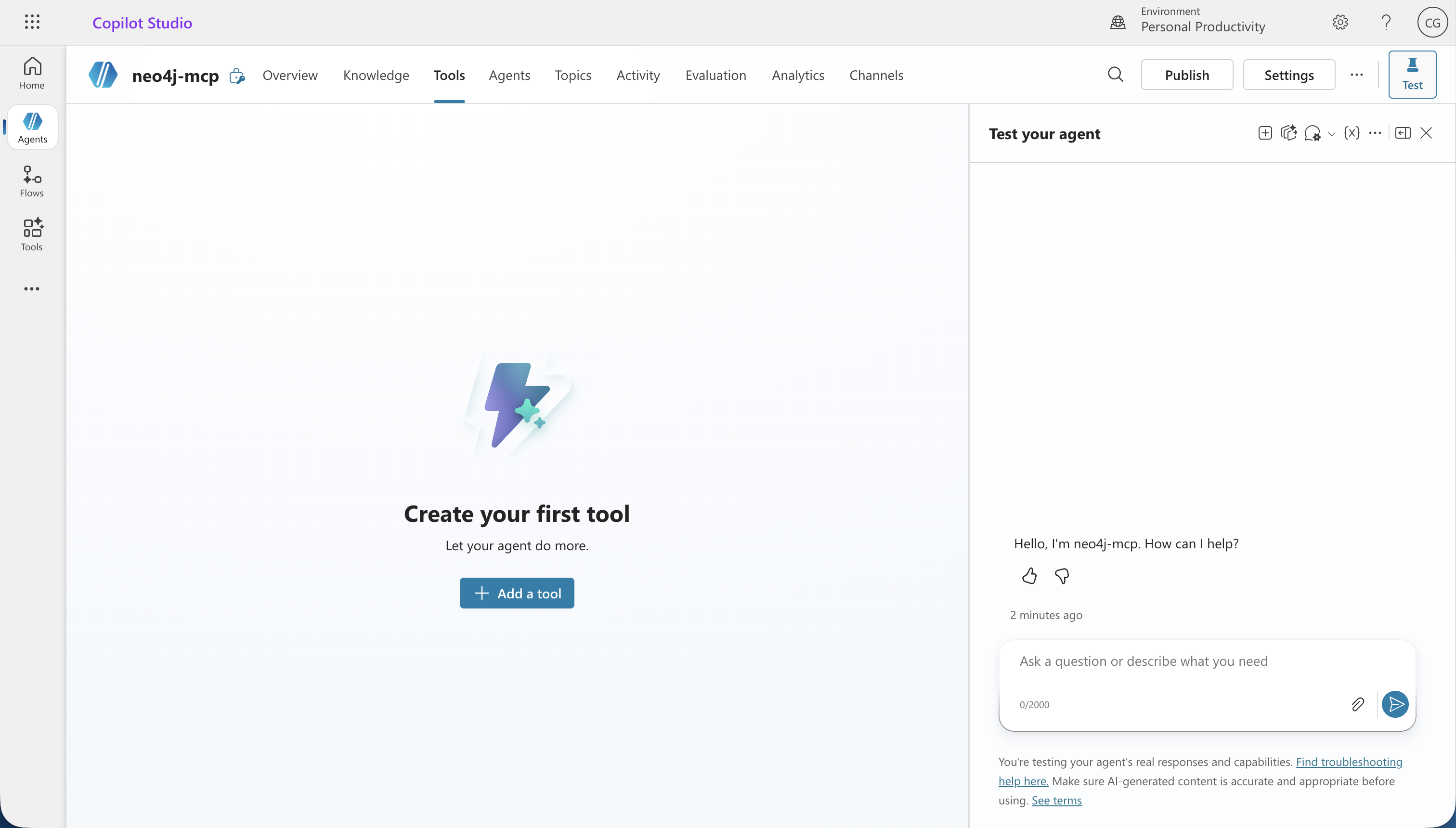 Tools tab showing Create your first tool and Add a tool