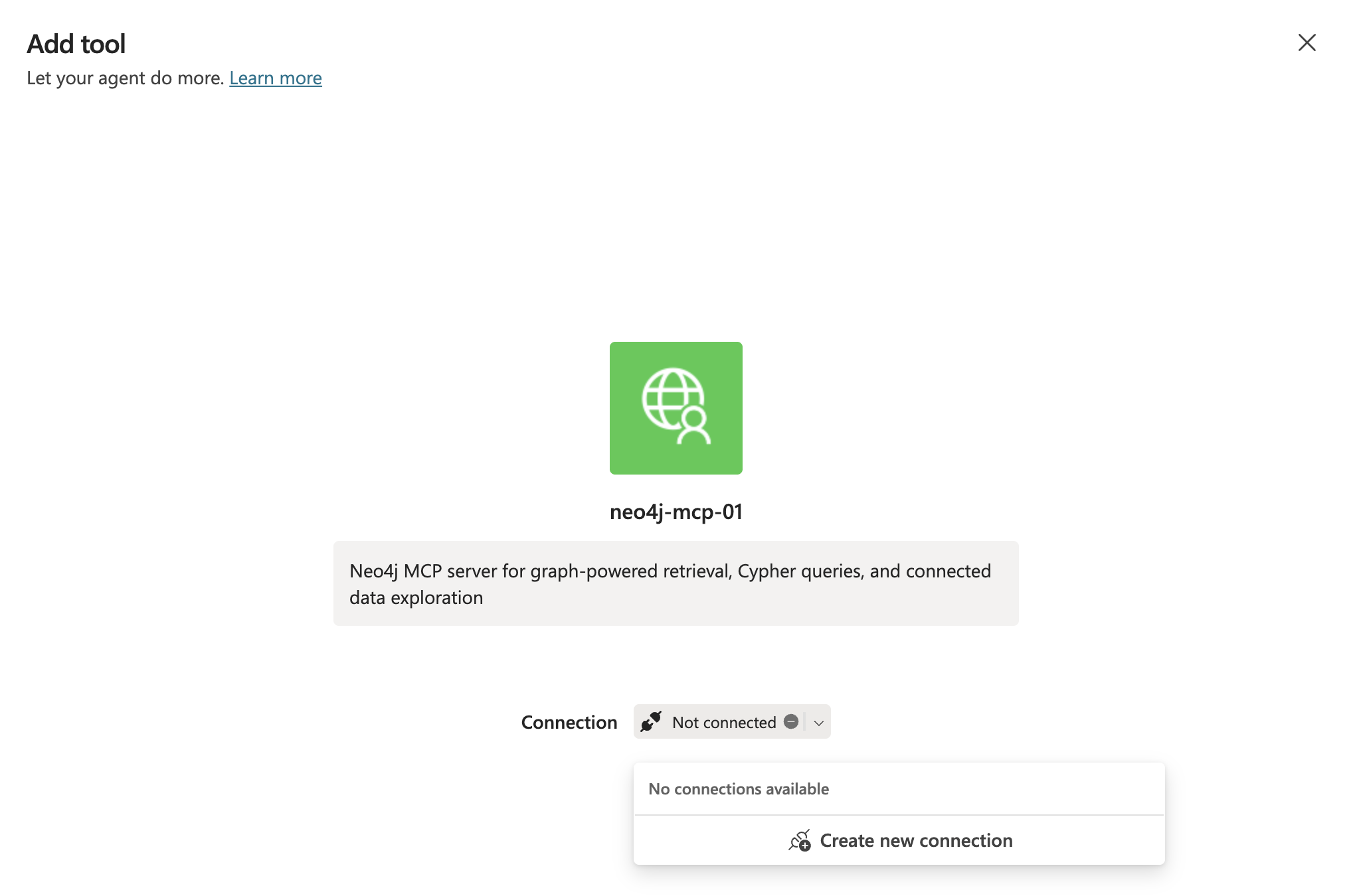 Add tool screen showing no connections available and Create new connection