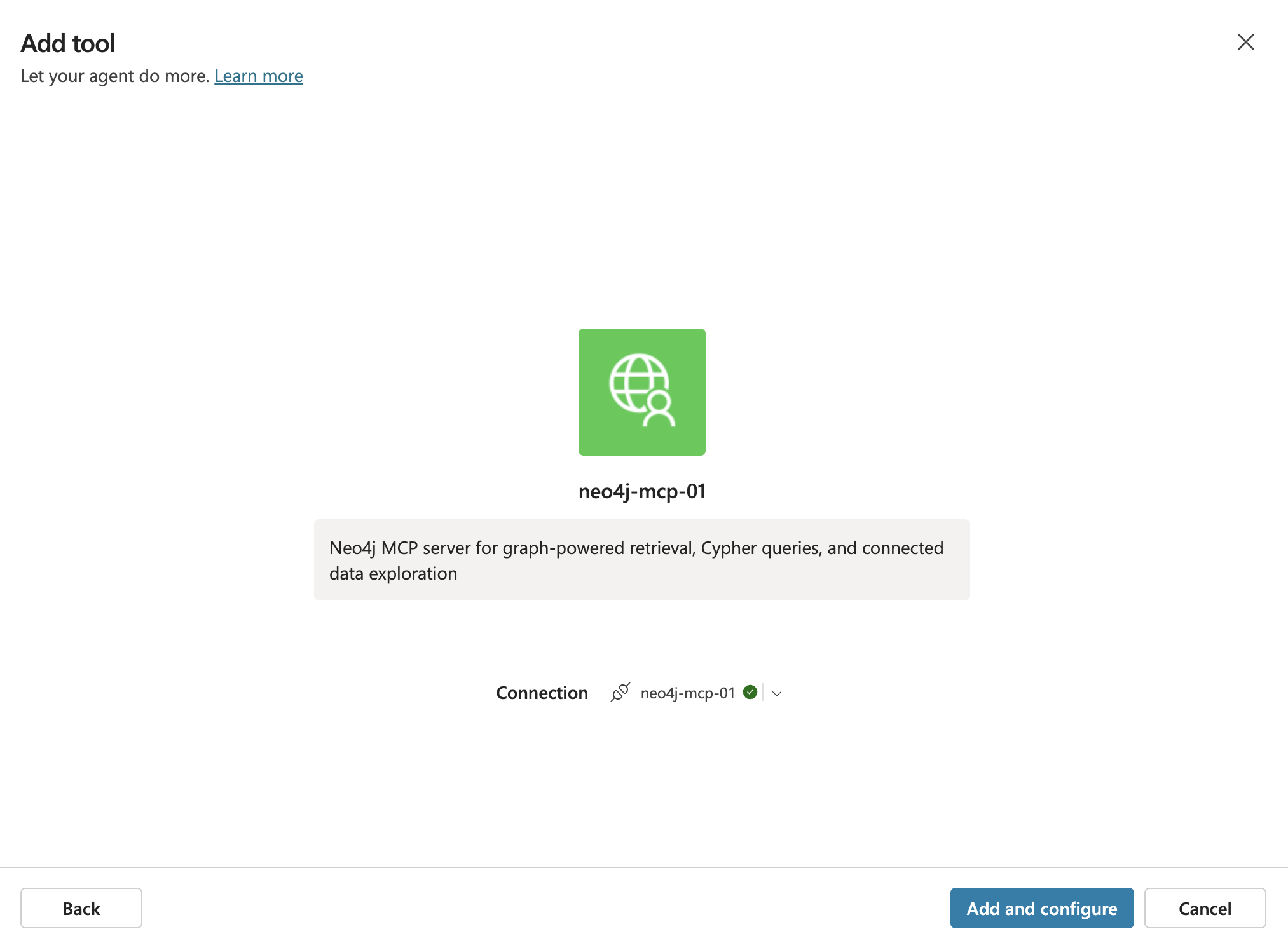 Add tool screen with neo4j-mcp-01 connected