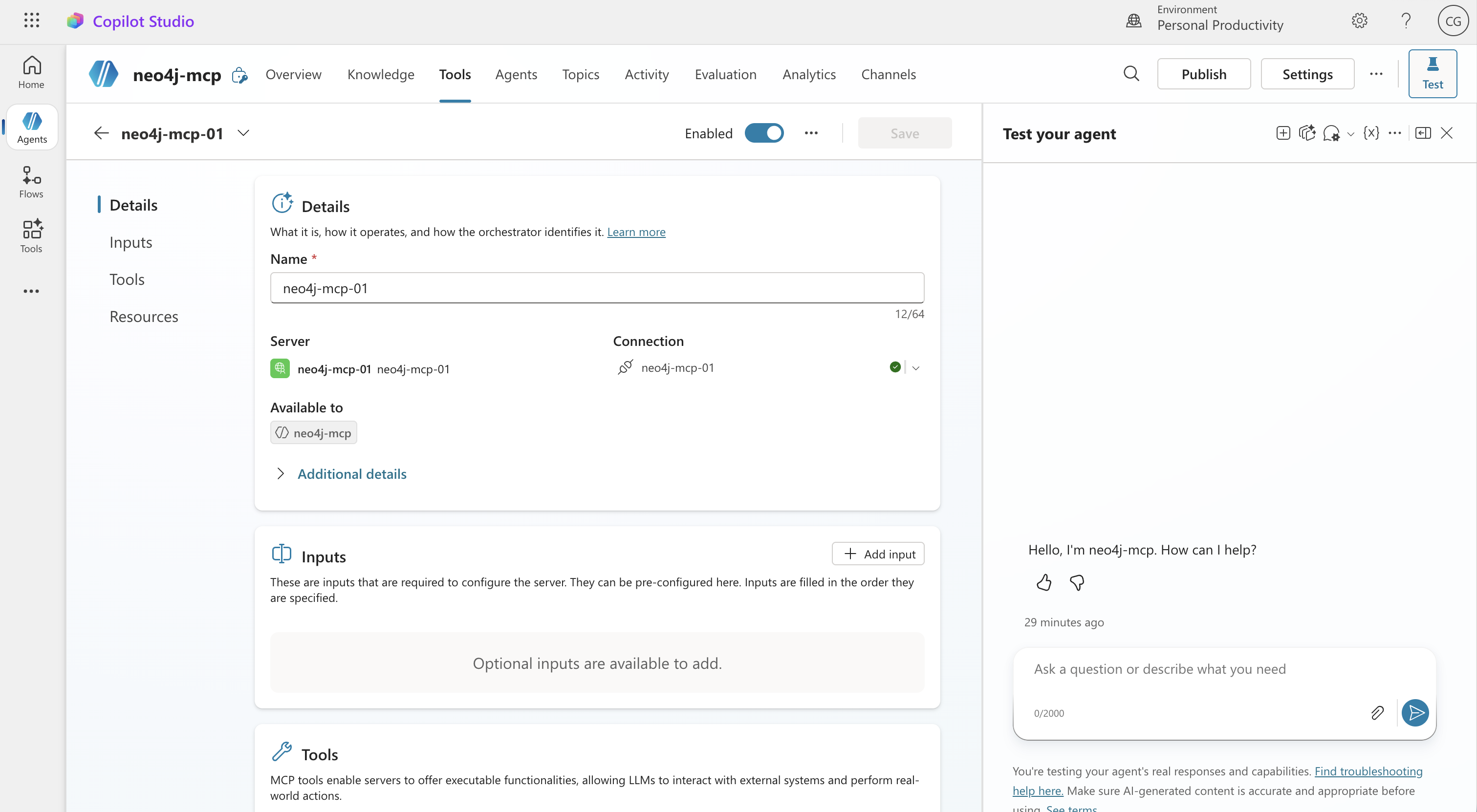 Configured MCP tool detail page with connected status