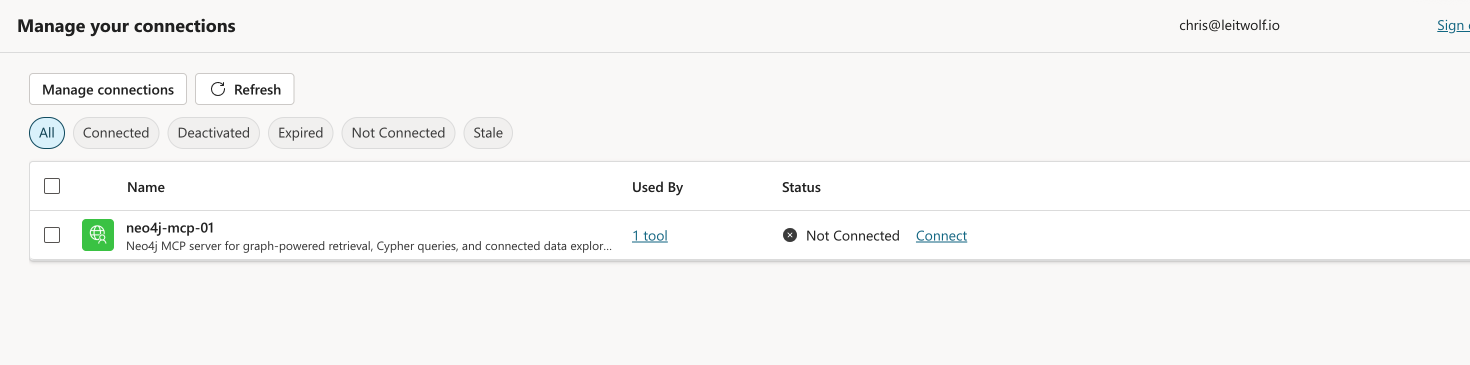 Manage your connections page with neo4j-mcp-01 not connected