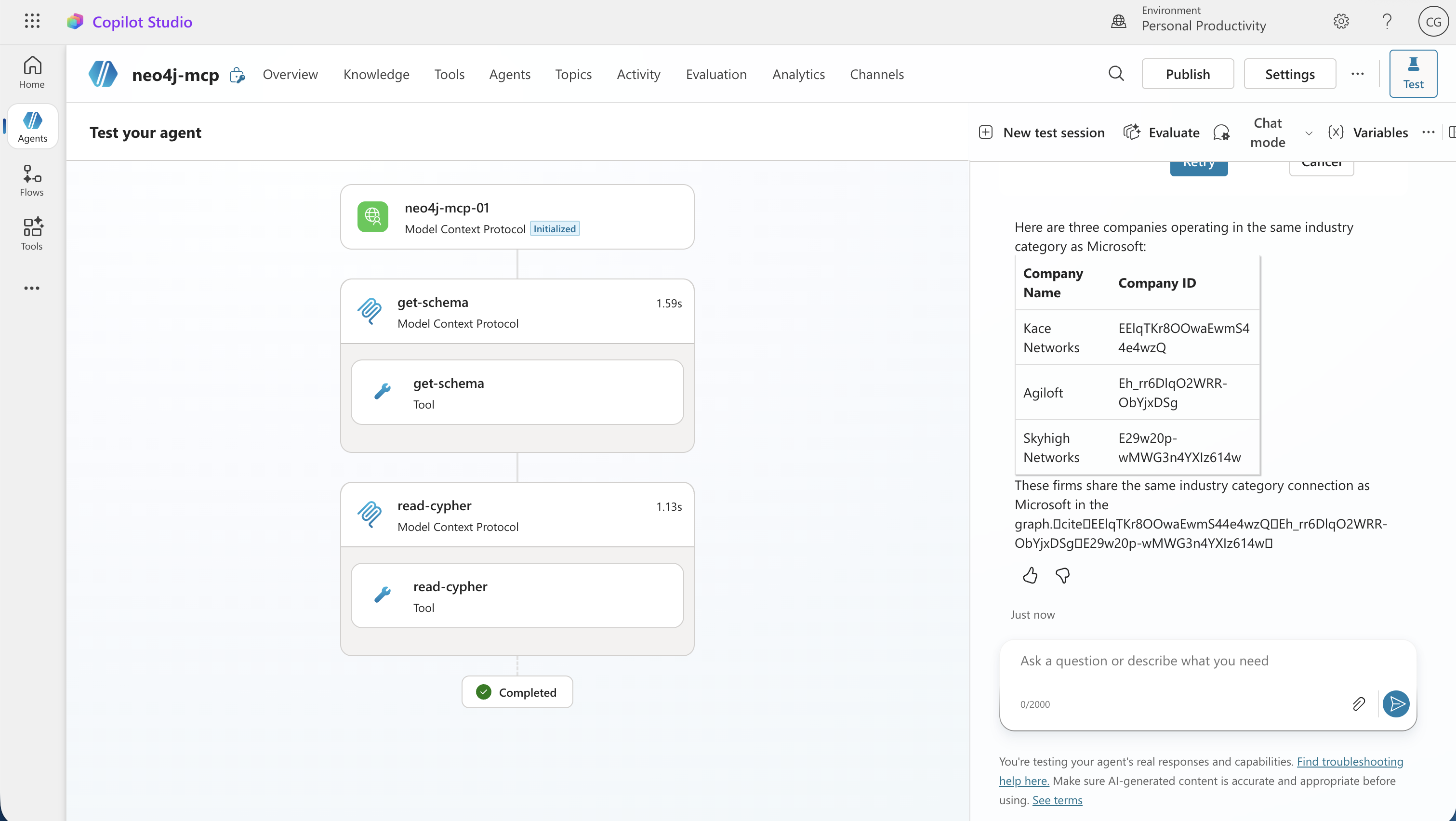 Successful test run showing get-schema and read-cypher tool calls