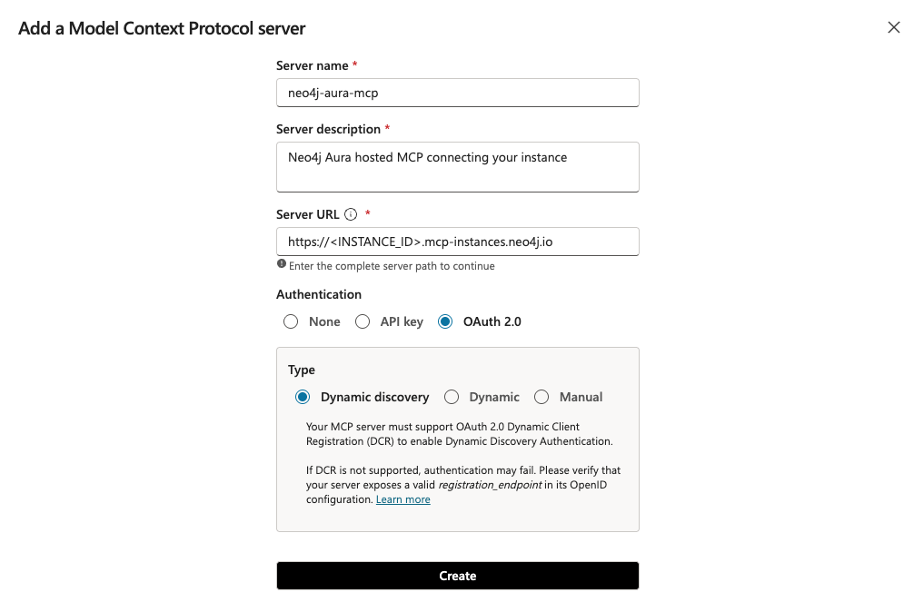 Add a Model Context Protocol server form for the Aura-hosted MCP with OAuth 2.0 Dynamic discovery selected