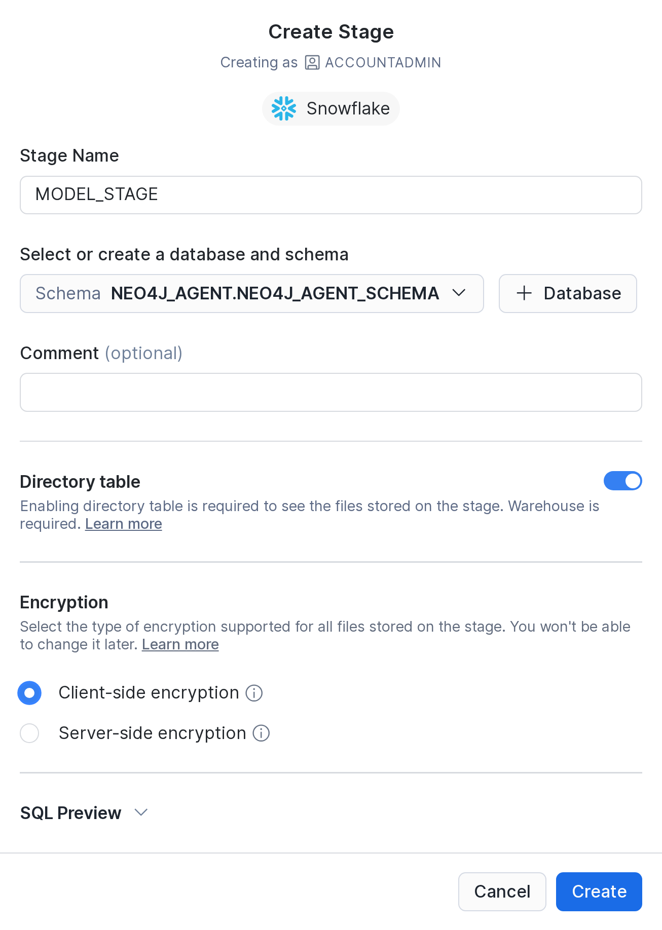 Create Stage dialog: MODEL_STAGE, directory table on, client-side encryption
