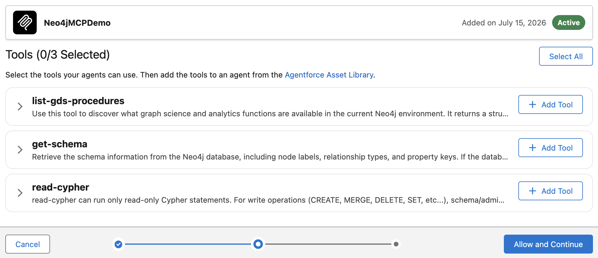 Selecting Neo4j MCP tools in Salesforce Agentforce