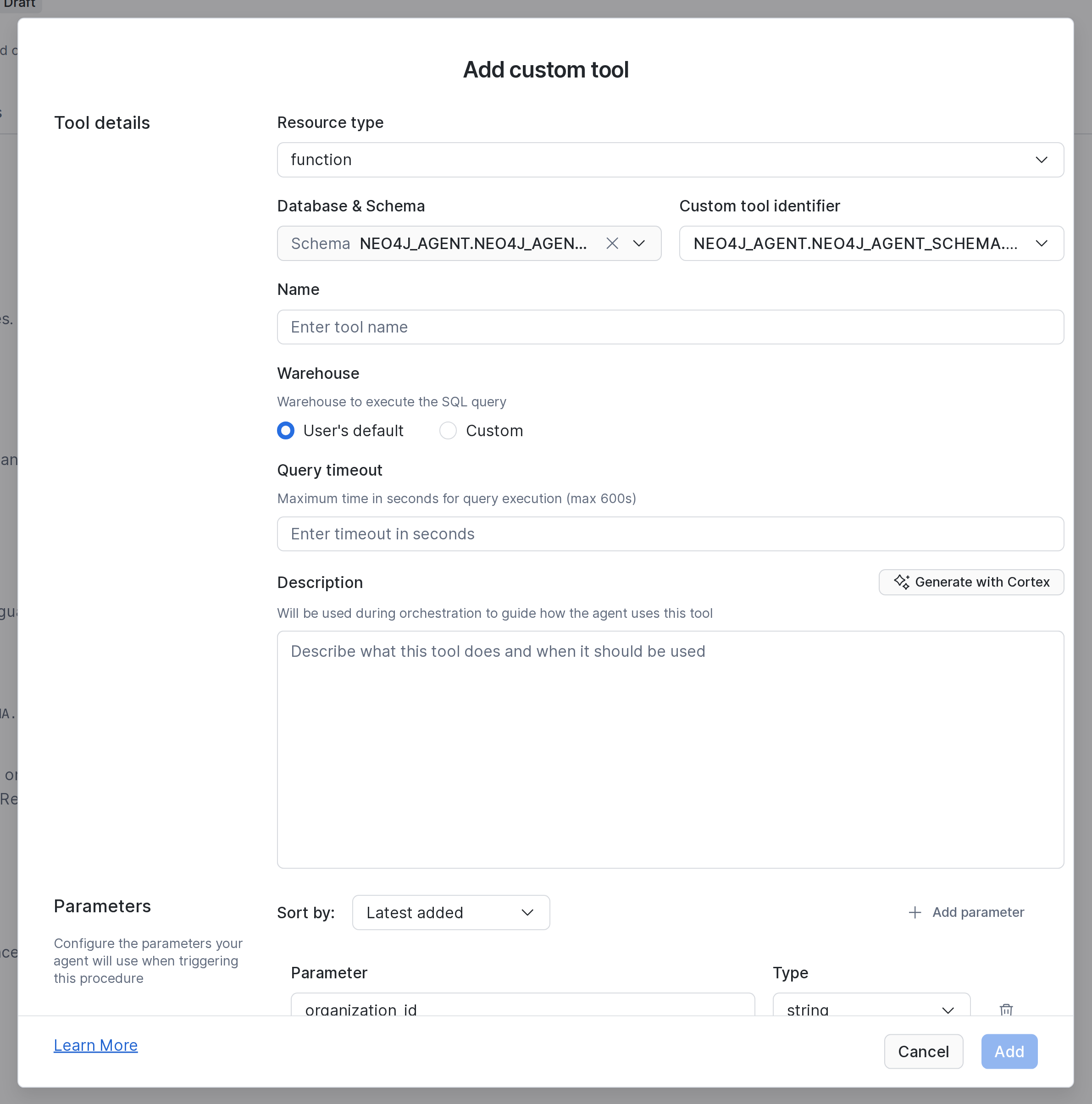 Add custom tool dialog: resource type function, database, schema and identifier