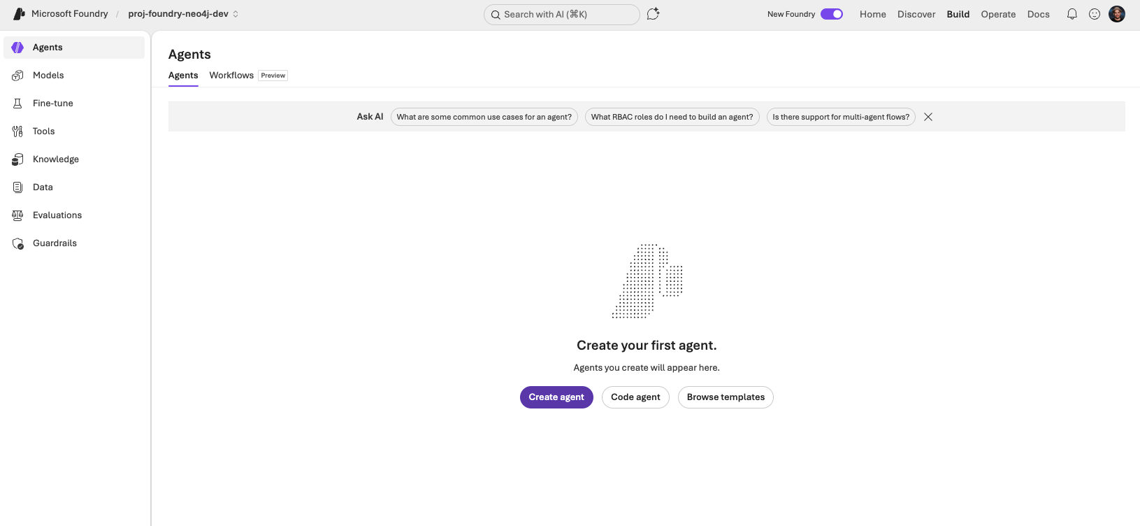 Empty Agents page with the Create agent button