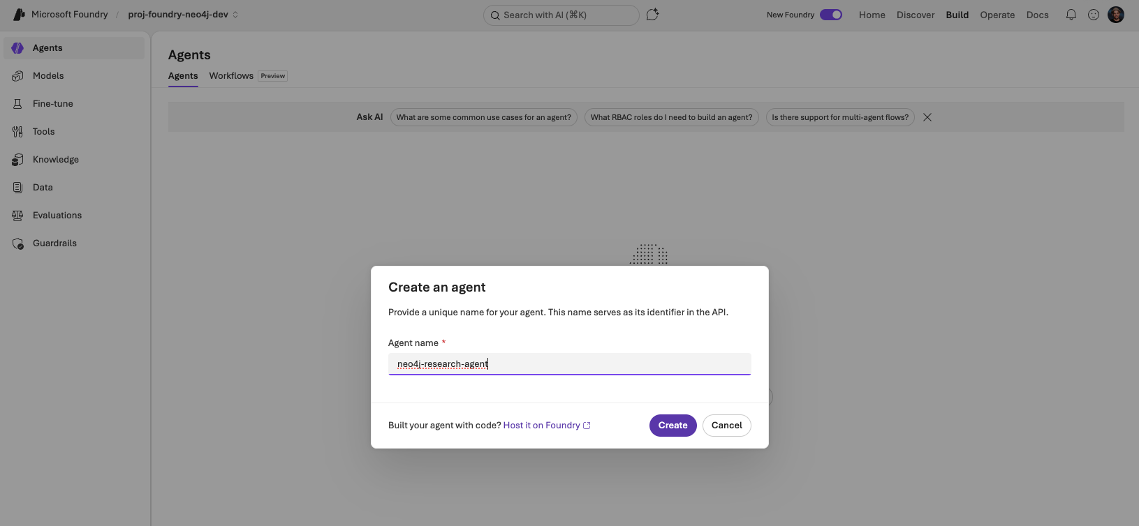 Create an agent modal with the name field