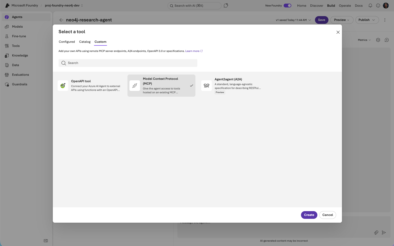 Tool catalog with MCP selected under the Custom tab
