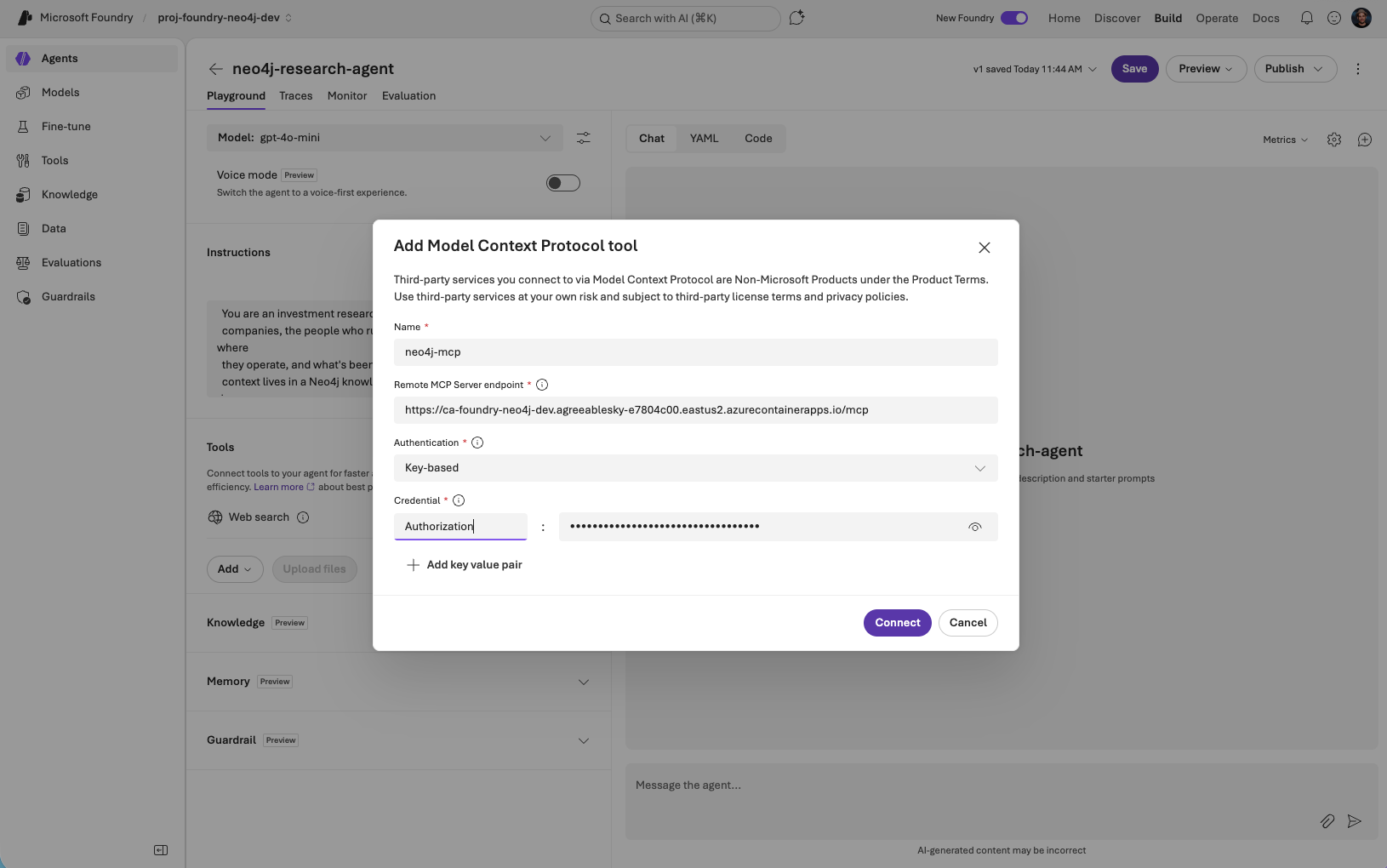 Add Model Context Protocol tool form