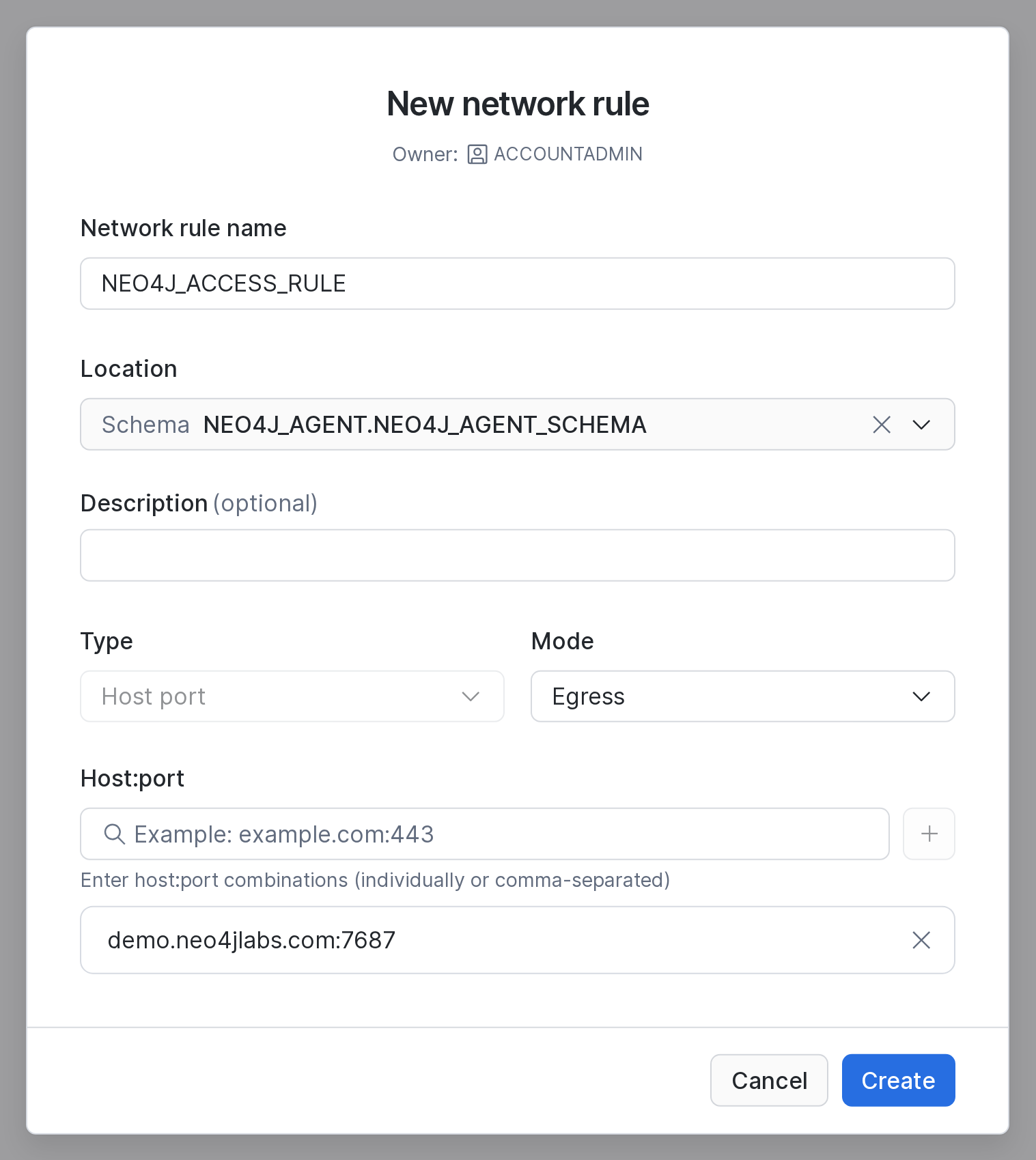 New network rule dialog with demo.neo4jlabs.com:7687 in the host list