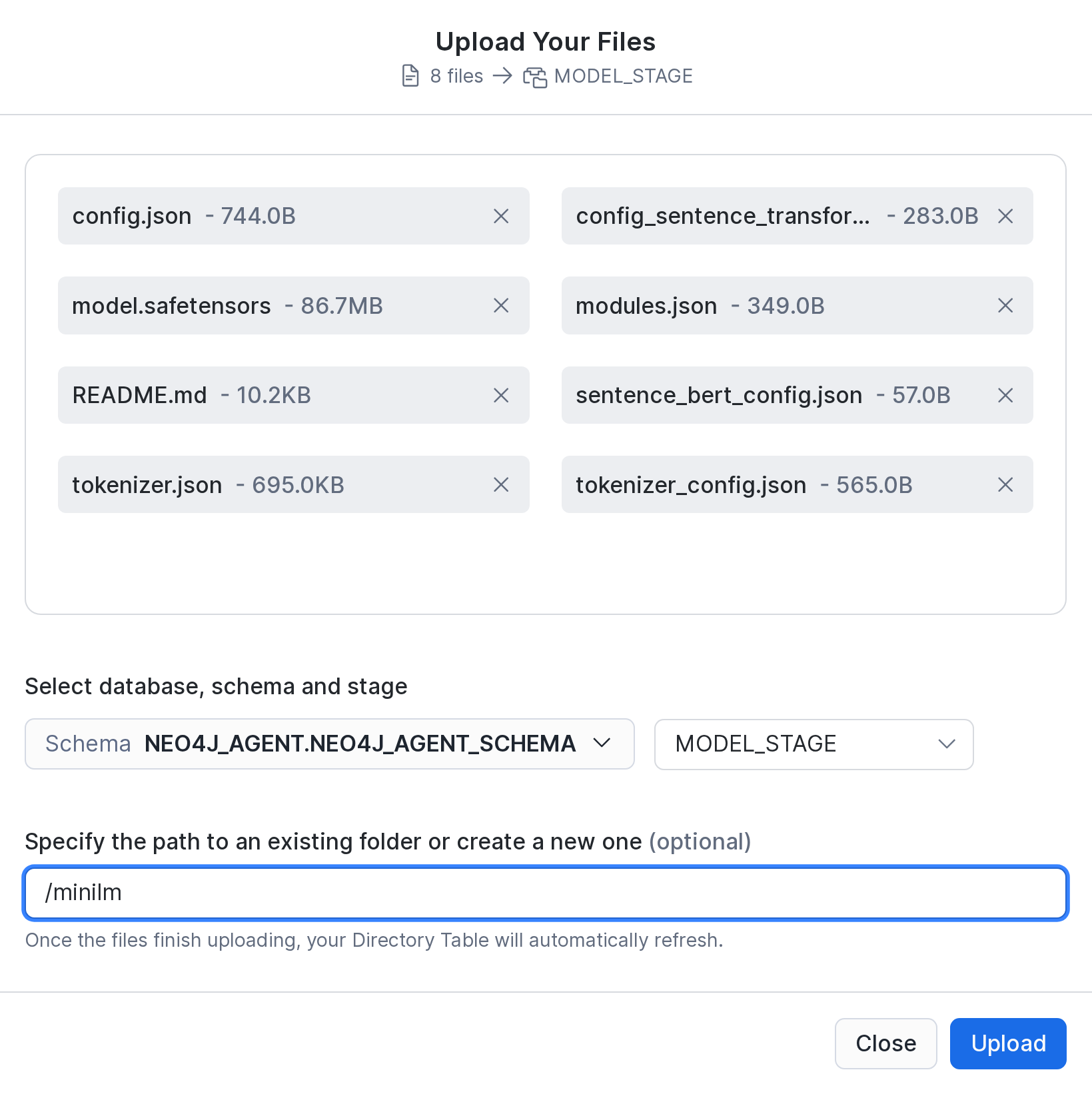 Upload dialog with the model files and the path minilm